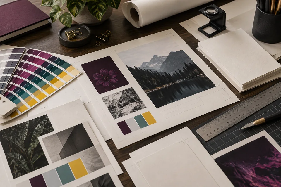 Print layouts and color swatches spread across a designer's desk