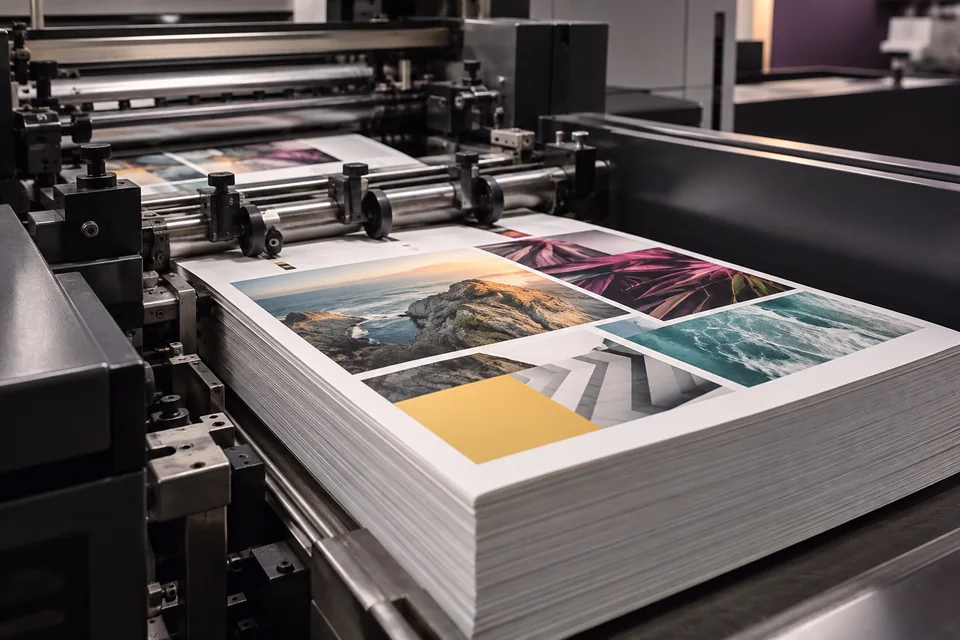 Color sheets coming off a digital printing press
