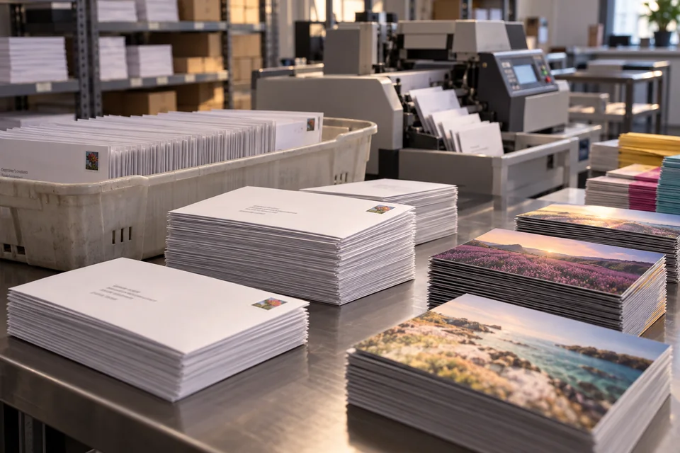 Addressed envelopes and postcards sorted in mail trays