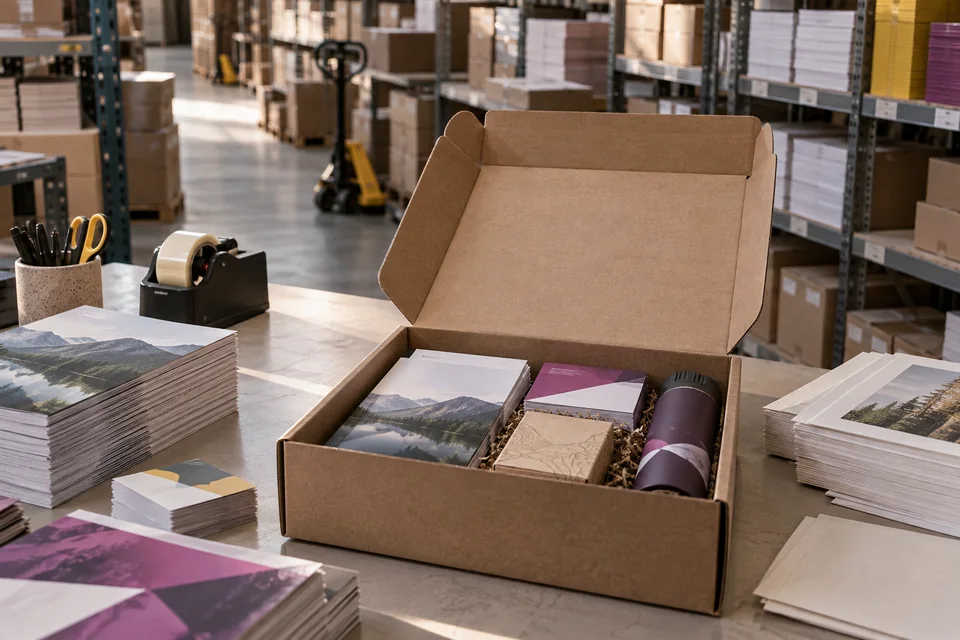 A printed-materials kit being packed in a warehouse