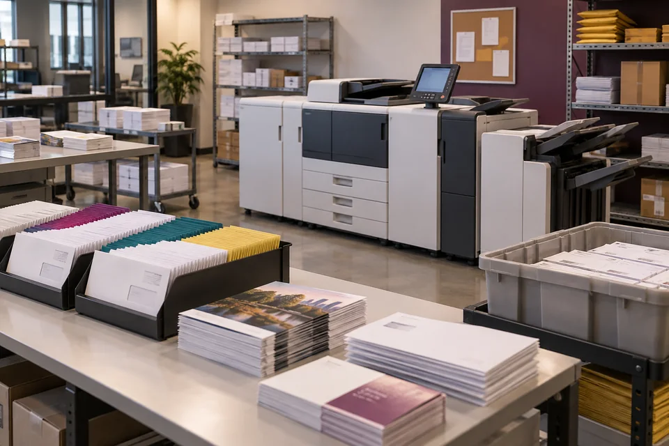 Organized copy center with a production printer and outgoing mail