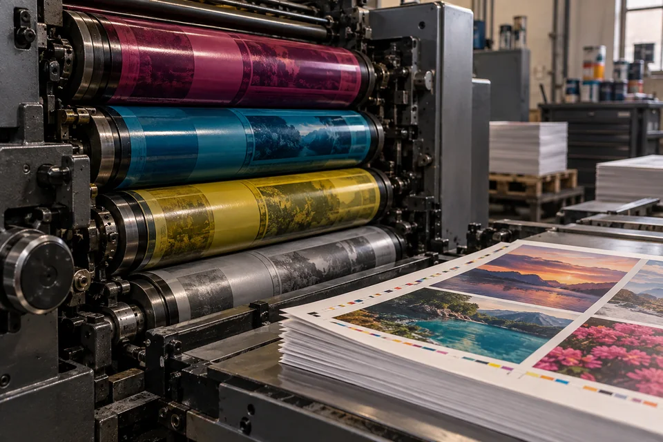 Ink rollers and printed sheets on an offset press