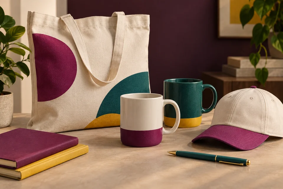 Mugs, tote bag, cap, and pen arranged as promotional products