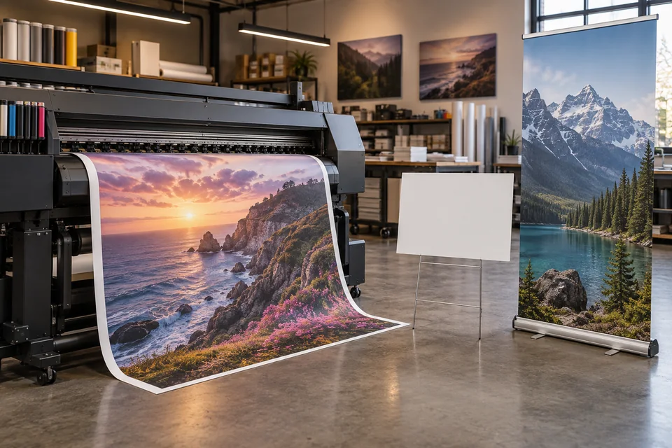 Large-format banner printing beside sign and display samples