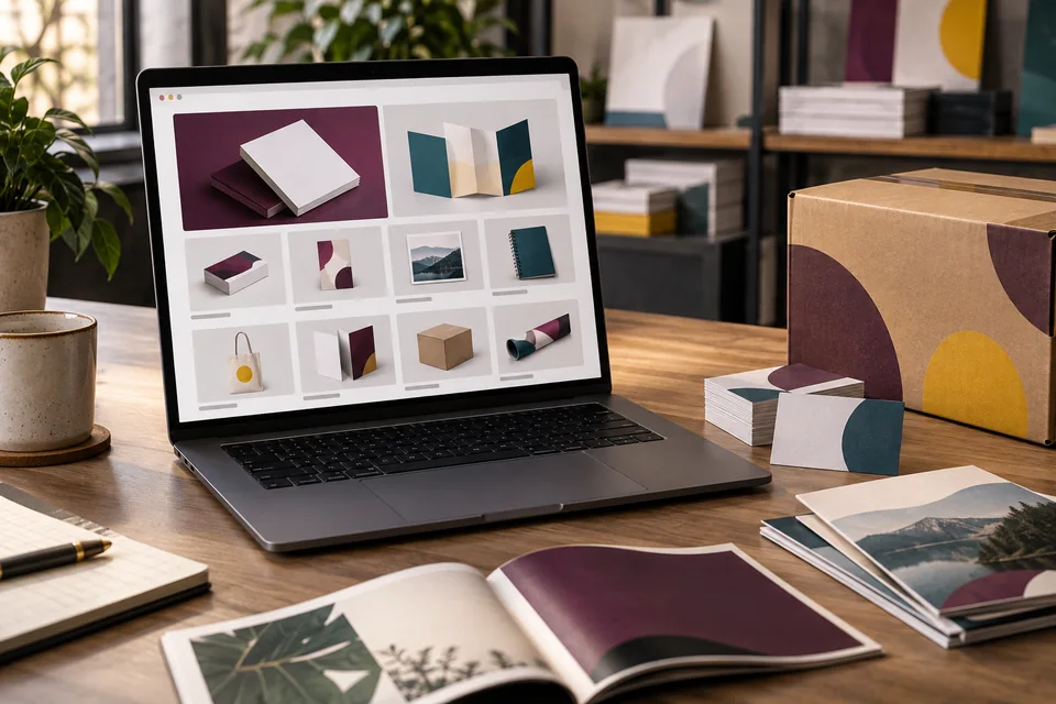 Online print catalog on a laptop beside printed samples